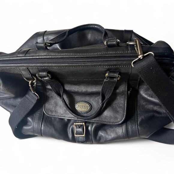Fossil Framed Doctors Vintage Black Leather Weekender Travel Bag Overnight - Picture 2 of 8